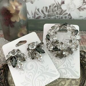 Vintage Signed Austria Crystal Glass Smokey Gray Brooch Pin Clip Earrings Set